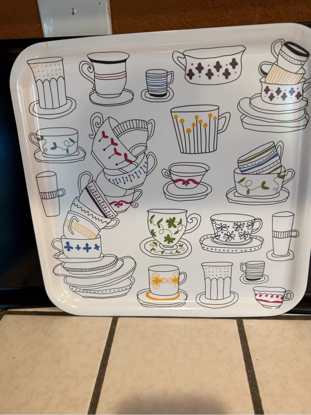 IKEA White Serving Tray with Multicolor Teacup Illustration + 2 black trays
